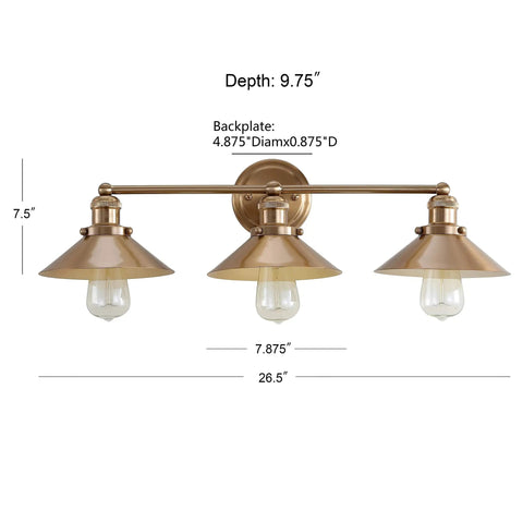 Brass Gold 3 Light Industrial Farmhouse Vanity Wall Sconce With Metal Shade For Bathroom Kitchen And Entryway Modern Sleek Dope Illumination With LED Bulbs Included Perfect Mirror Light, front view with dimensions."}