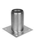 Top Shelf Stainless Steel Leg Socket With Wide Mounting Plate For Heavy Duty Tables And Cabinets Including Secure Locking Set Screw And Reinforced Welded Base For Bulletproof Stability And Zero Hassle Setup Pro Grade Hardware, silver metal leg socket with wide base.