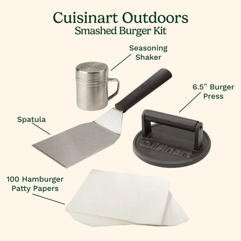 Smash Burger Kit With Cast Iron Press, Spatula, Seasoning Shaker And Patty Papers For Perfect Grillin At Barbecues And Tailgates displayed