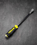 Heavy Duty Pry Bar With Thick Hammer Strike Cap And Angled Tip Ergonomic Non Slip Handle 12 Inch Crowbar on gray background