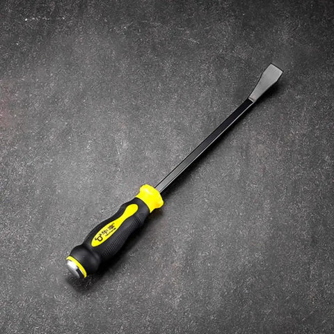 Heavy Duty Pry Bar With Thick Hammer Strike Cap And Angled Tip Ergonomic Non Slip Handle 12 Inch Crowbar on gray background