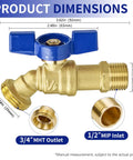 Real Deal Two Pack Brass Garden Hose Bib Featuring Quarter Turn Handle and Half By Three Quarter Inch Pipe Thread with dimensions shown.
