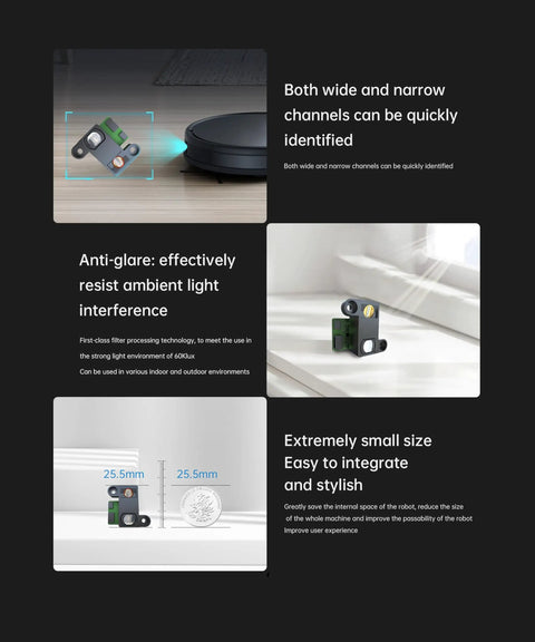 Compact Solid State Lidar Sensor With 110 Degree Field Of View, 30 To 400 Millimeter Scanning Range, High Refresh Rate For Reliable Obstacle Avoidance In Home And Small Biz Robots, showcasing anti-glare and size comparison.