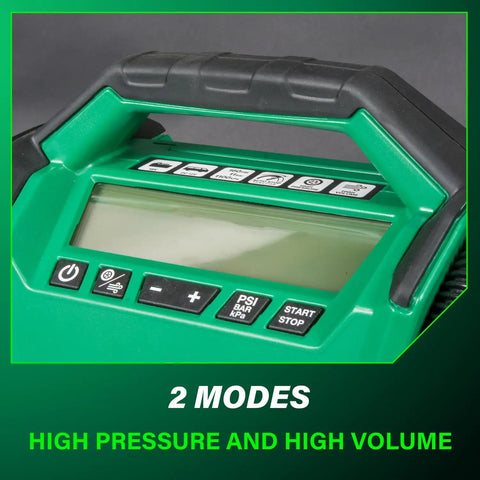 Close-up of Go-To 18V MultiVolt Cordless Dual Function Inflator control panel with buttons and display