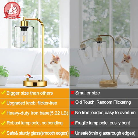 Gold Industrial Table Lamp Set With USB Port, Dope Stepless Dimmable Bedside Lamps For Nightstands, Reading, Living Room And Office, Clear Glass Shade, Includes 2 LED Bulbs comparison.
