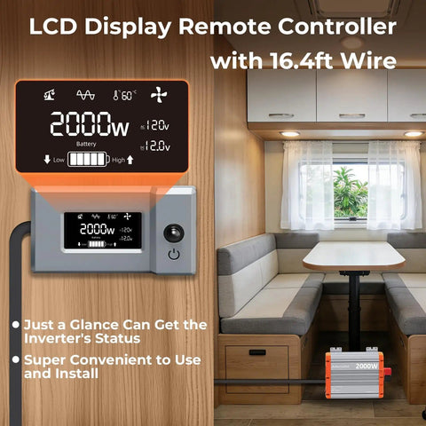 LCD remote controller for 2000W True Sine Wave Inverter For 12V To 110 And 120V Off Grid Power RV Ready with 16.4ft wire