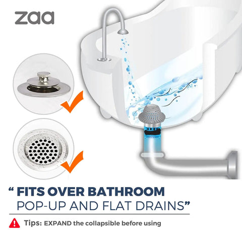 Illustration of Silicone Collapsible Bathtub Drain Hair Catcher And Protector For Pop Up And Regular Drains installation