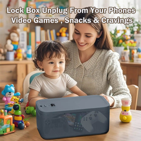Secure Lock Box With Easy Combination Code For Medication And Personal Items, shown on table near mother and child