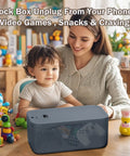 Mother and child with grey Code Lock Box For Meds And More on table, toys around, BPA-free plastic, kid and pet safe