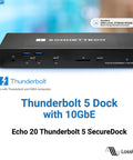Heavy Duty Thunderbolt 5 Dock With 10Gb Ethernet, three Thunderbolt 5 ports, SD slot, and USB connectors for Mac and PC.