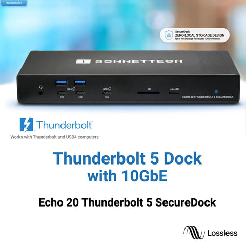 Heavy Duty Thunderbolt 5 Dock With 10Gb Ethernet, three Thunderbolt 5 ports, SD slot, and USB connectors for Mac and PC.