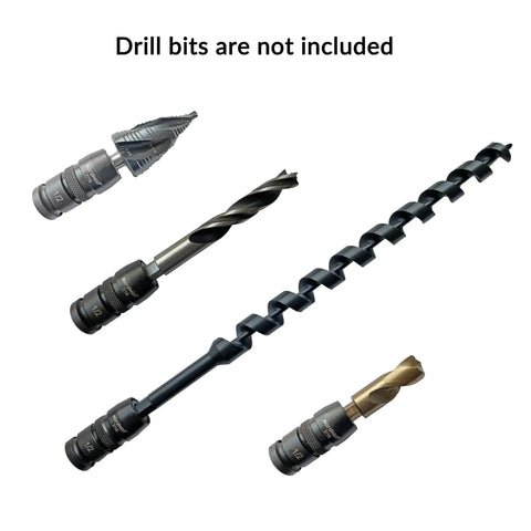 Impact Wrench Adapter One Half Inch Square Drive To Seven Sixteenth Inch Hex Female Quick Change Converter shown with drill bits