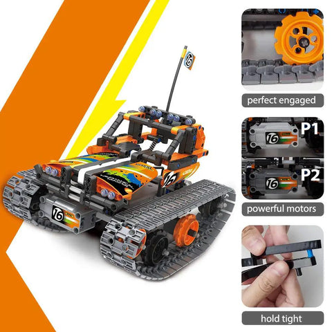 3-In-1 STEM RC Building Kit With Tracked Car, Robot, And Tank, 2.4GHz Rechargeable Remote, Kid-Approved Engineering Toy Set For Ages 8 To 14, 392 Pieces Of Hands-On Science Fun, tracked car close-up