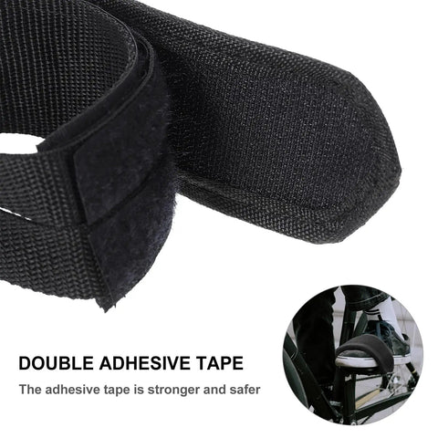 Close-up of black nylon adjustable footrest from 1 Pair Kids Bike Toe Clips And Pedal Straps Set with double adhesive tape detail.