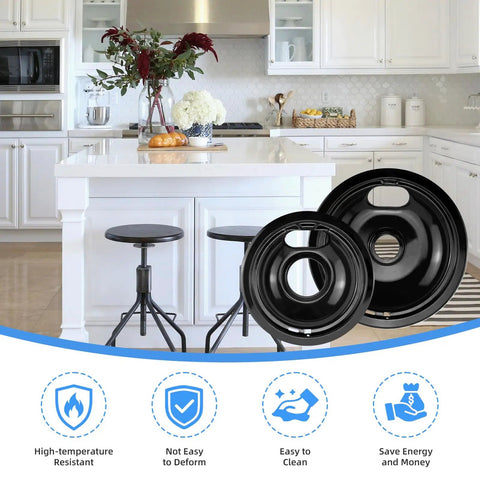Four Black Burner Drip Pans For Electric Stove Tops Three Six Inch Bowls And One Eight Inch Tray Replacement Kit in kitchen