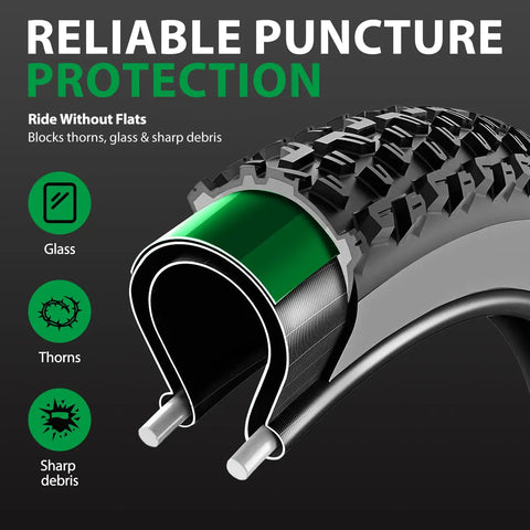 Cross-section of tire with Two Pack Fat Tire Liners For Twenty, Twenty Four, And Twenty Six By Four Inch Fat Bike And E Bike Tires, 110Mm Wide TPU Puncture Proof Inserts To Stop Flats From Thorns, Glass, Nails, And Debris, Durable Anti Flat Tube Protectors For Smoother Rides On shown preventing punctures.