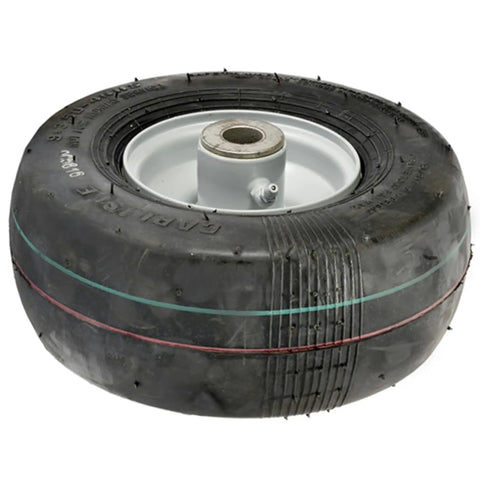 Heavy Duty Silver Caster Wheel Assembly Compatible With Ferris 5021181SSM 9X3.50X4 pneumatic tire with smooth tread.