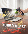Person using F5S 180000 RPM Cordless Air Duster on laptop, visible foliage being blown away, showcasing powerful blast.