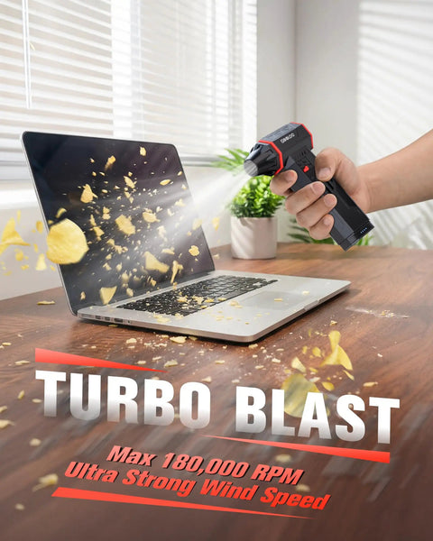 Person using F5S 180000 RPM Cordless Air Duster on laptop, visible foliage being blown away, showcasing powerful blast.