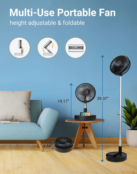 Portable Battery Operated Fan For On The Go USB Rechargeable Desk Floor Pedestal Adjustable Height 4 Speeds Black
