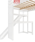 No Fuss Full Size Wooden Loft Bed With Built In Desk And Clever Storage Stairs, Equipped With A Smooth Slide And Basketball Hoop For Top Tier Kid Vibes, Slick White Frame That Delivers Serious Space Saving Flex, showing white frame and slide.