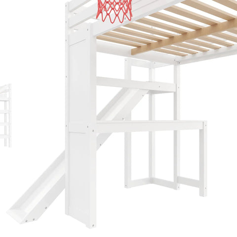 No Fuss Full Size Wooden Loft Bed With Built In Desk And Clever Storage Stairs, Equipped With A Smooth Slide And Basketball Hoop For Top Tier Kid Vibes, Slick White Frame That Delivers Serious Space Saving Flex, showing white frame and slide.