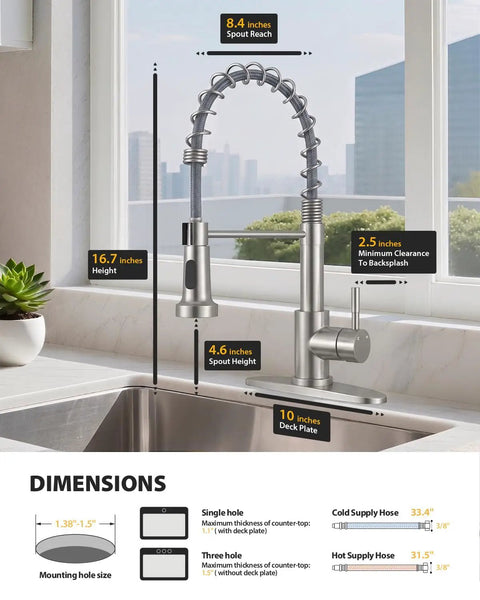 Solid Choice High Arc Kitchen Faucet With Long Reach Pull Down Sprayer And 360 Swivel Spout dimensions on kitchen countertop.