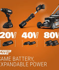 Power tools on orange background showcasing 20V, 40V, 80V cordless battery system with drill, trimmer, and lawn mower
