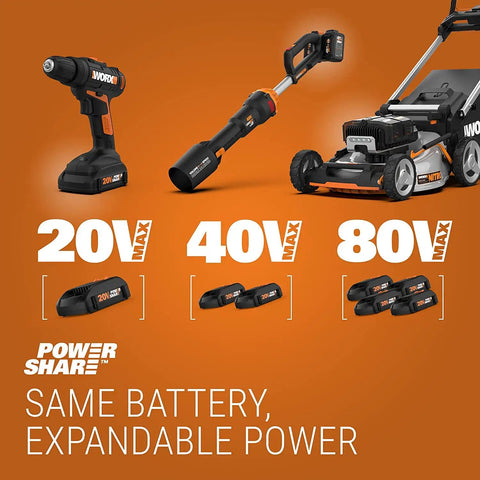 Power tools on orange background showcasing 20V, 40V, 80V cordless battery system with drill, trimmer, and lawn mower
