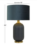Blue Glass Table Lamp With Velvet Shade And Gold Accents, Ribbed Accent Lamp For Living Room, 16 x 16 x 26 Inches