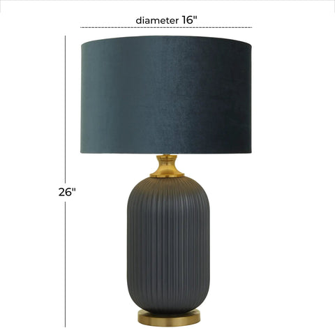 Blue Glass Table Lamp With Velvet Shade And Gold Accents, Ribbed Accent Lamp For Living Room, 16 x 16 x 26 Inches