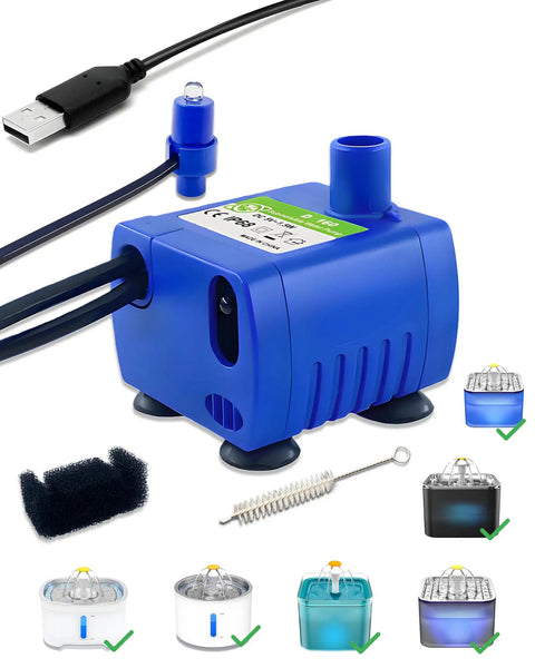 Cat Water Fountain Pump Submersible USB 5V, Ultra Quiet No Fuss Auto Shut Off, Water Level Sensor, LED Indicator, Stainless Steel IP68, Replacement Pump Compatible With DR-DC160, Automatic Pet Water Dispenser