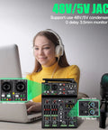 Woman using 4 Channel Audio Mixer With Dual Wireless Microphones Bluetooth MP3 USB Interface 48V Phantom Power Echo Equalizer for home recording.