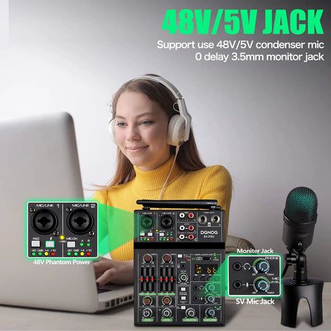 Woman using 4 Channel Audio Mixer With Dual Wireless Microphones Bluetooth MP3 USB Interface 48V Phantom Power Echo Equalizer for home recording.