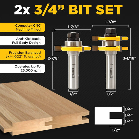 Tongue And Groove Router Bit Set Pro Grade For Three Quarter Inch Stock With One Half Inch Cutting Depth Two Bit Set Display