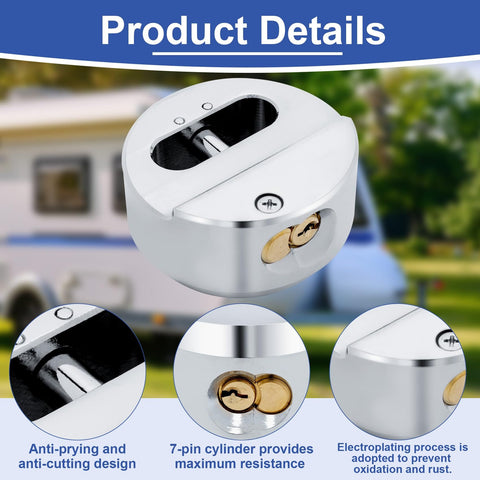 Close-up of Puck Lock Hidden Shackle Padlock 2 Pack for Trailers, showing 2-7/8 inch size, anti-prying design and cylinder details.