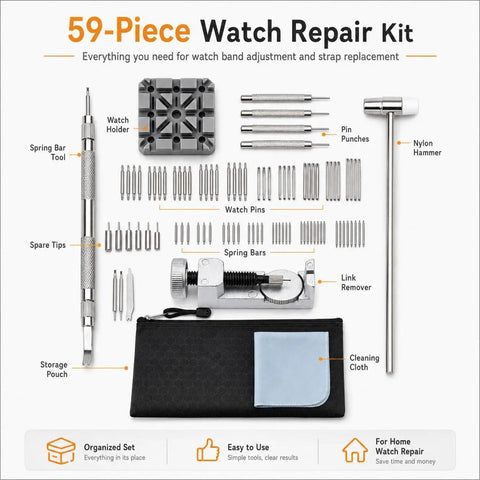 59-Piece Easy-To-Use Watch Repair Kit For Newbies With Link Removal, Band Tools, Bracelet Resizing, and Portable Pouch