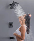 Woman enjoying Tub And Shower Faucet Set With Valve Included, Single Handle Trim Kit, 8 Inch Rain Shower Head And Tub Spout, Matte Black