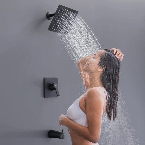 Woman enjoying Tub And Shower Faucet Set With Valve Included, Single Handle Trim Kit, 8 Inch Rain Shower Head And Tub Spout, Matte Black
