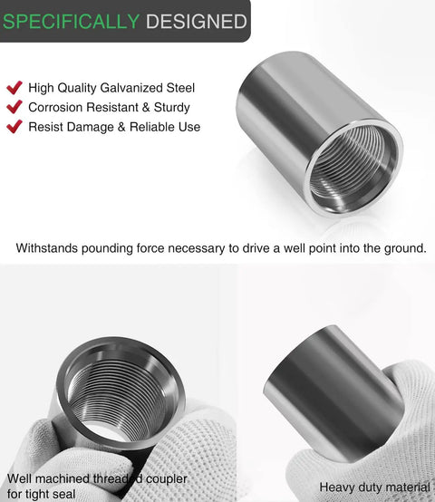 1 1/4 Inch Galvanized Well Point Drive Coupling With Female Thread, Heavy Duty Connector For 1 1/4 Pipe, Replacement For Drcoup125, Secure Quick Connect, Leak Proof Fit, Durable Metal Coupler For DIY And Pro Well Point Work, threaded metal coupling shown close-up