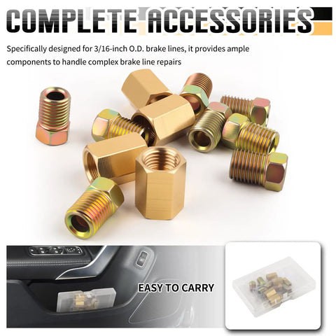 12-Piece 3/16 Inch Brake Line Fittings Kit With 4 Connectors And 8 Pipe Nuts For Double And Inverted Flare Brake Lines, DIY Car And Truck Brake Repair, Brass Construction For Durable, Leak-Free Fixes, brass brake line fittings and storage box