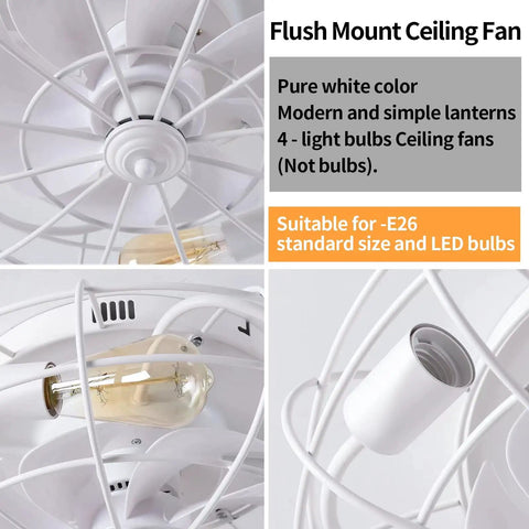 20 Inch Caged Ceiling Fan With Lights Remote Ultra Quiet Copper Motor 3 Speeds Reversible For Farmhouse Style White Finish
