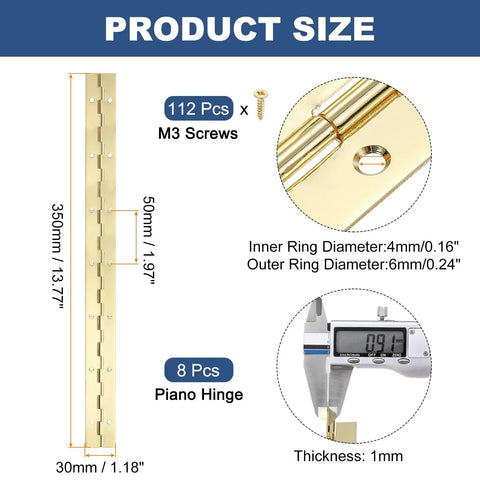 Pro Grade 304 Stainless Steel Piano Hinge 14 Inch Gold Continuous Hinge With Pre Set Holes 8 Piece Pack shown with measurements and screws.