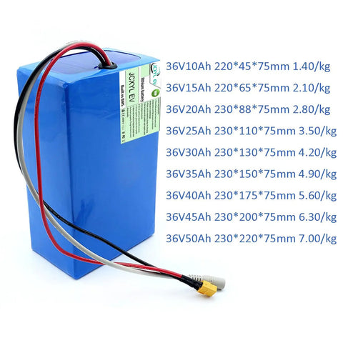 Heavy Duty Ev Lithium Battery Pack With Built In Bms Plus Charger For Electric Scooter Moped Motorcycle 36V 48V 60V 15Ah 50Ah, showing dimensions and terminals.