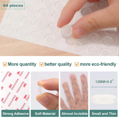 Clear self-adhesive cabinet bumpers, 64 pcs, 0.5-inch rubber dots for non-slip, soft-close doors/drawers