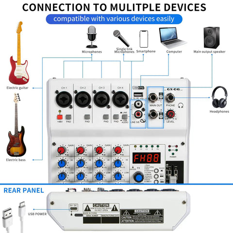 Connection diagram of 6 Channel Audio Mixer For PC With Bluetooth USB Recording, Portable Sound Mixing Console, DJ Show Ready.
