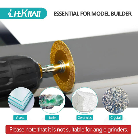 Upgraded Diamond Cutting Blade Tool With Dual Round Mandrels And Two Piece Quarter Inch Hex Shank Kit Built Tough For Snappy Slicing Through Tile Stone And Brick Hands Free Setup For Weekend Warrior Projects All Day, showing gold diamond cutting disc.