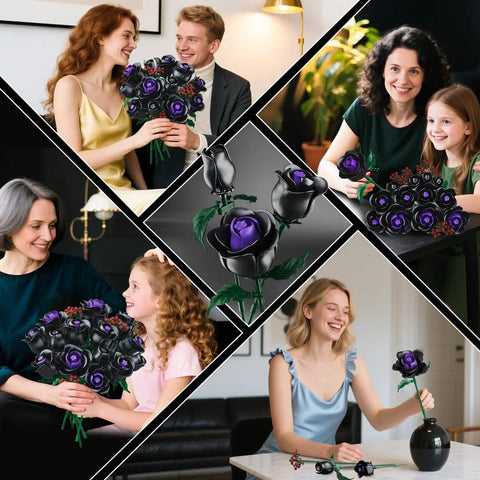 15 Black Rose Bouquet Building Set For Gothic Home Decor, DIY Dark Flower Kit With Purple Jewel Centers, No Vase Included, shown assembled