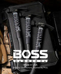 Three hammers made in USA with black handles and measurement markings, displayed on a toolbox with BOSS Hammer Co logo.