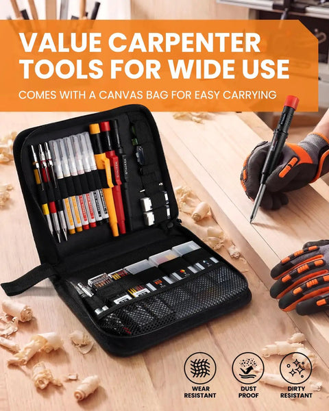 Job Site Ready And No Nonsense Carpentry Marking Kit Featuring A Kick-Ass Tool Bundle with color coded pencils and scribe.